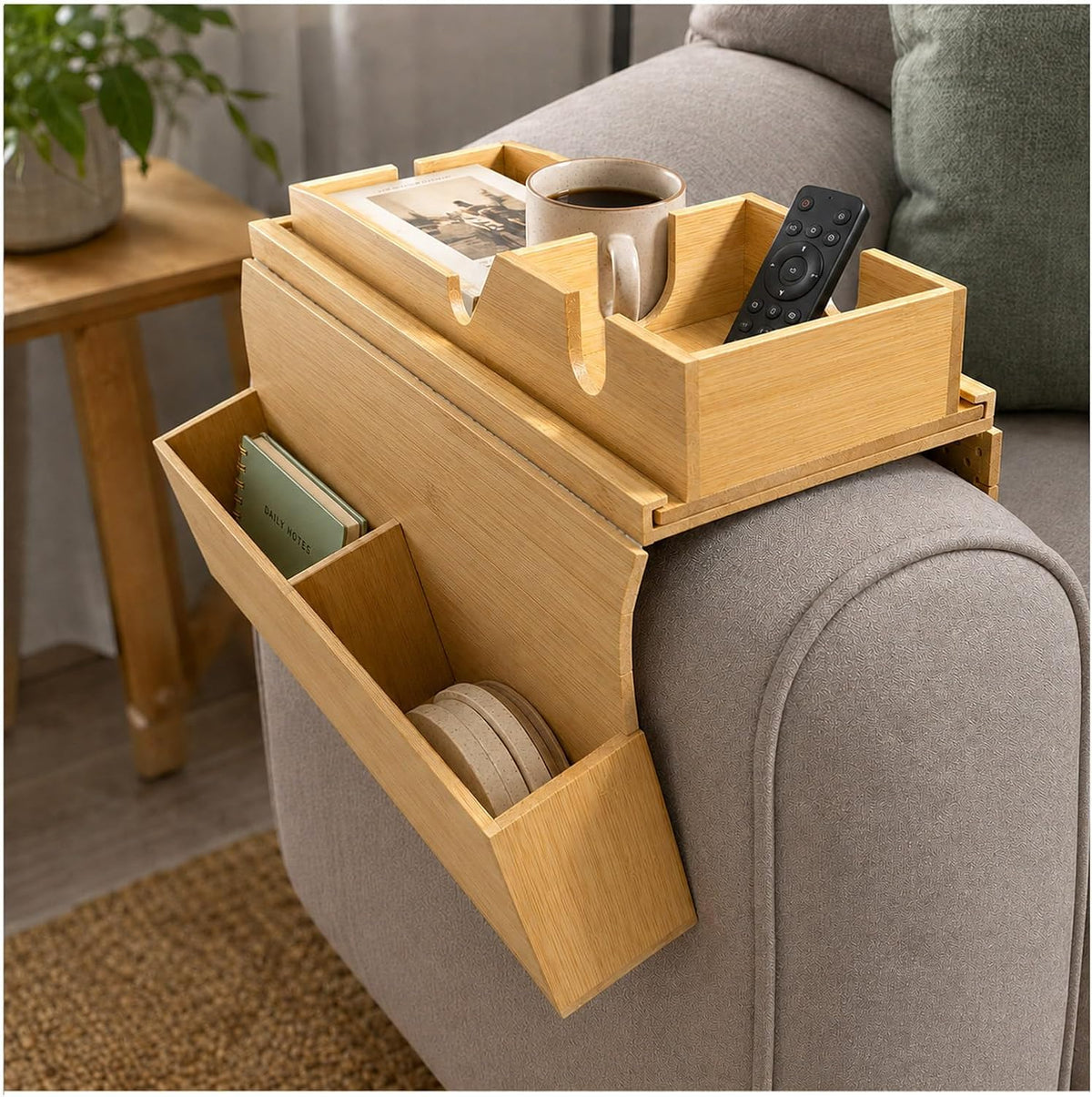 Foldable Bamboo Couch Arm Tray Sofa Armrest Tray Table for Couch by HLiikuikin