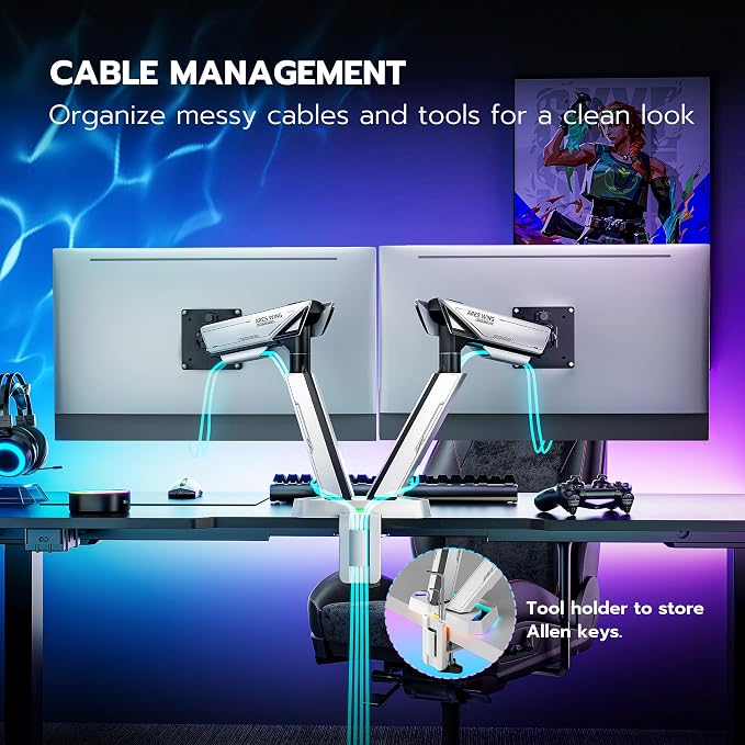 ARES WING RGB Dual Monitor Arm Desk Mount for 17-38 inch Monitors, White | Heavy Duty Dual Monitor Stand Holds 35.2 lbs, Adjustable Ultrawide Monitor Arm with Clamp & Grommet Base, 75/100 VESA - Image 5