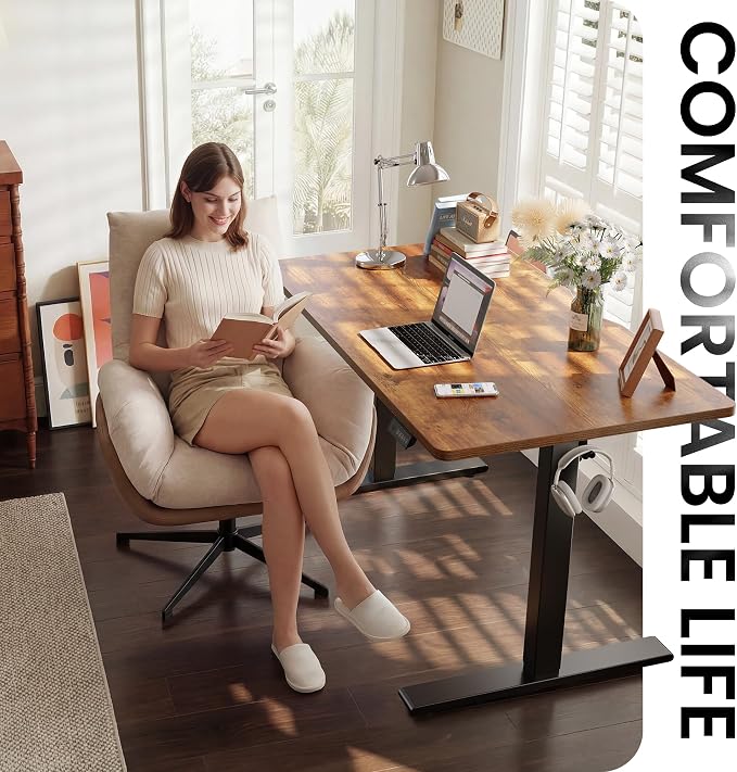 CubiCubi Electric Standing Desk 48 x 24 Inch, Height Adjustable Sit Stand Desk with Memory Presets, Splice Desktop Computer Desk for Home Office, Black Frame/Vintage Brown Top - Image 3