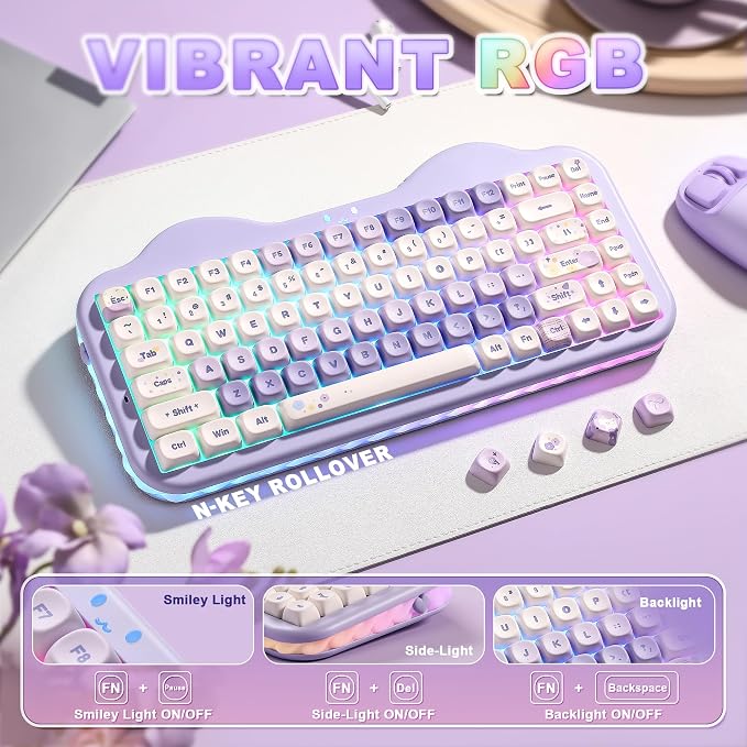 YUNZII C75 Cute 75% Wireless Mechanical Keyboard (Purple, Milk V2 Switch) | Creamy Cake Keyboard, BT5.0/2.4G/USB-C, Hot-Swap, NKRO, PBT MOA Keycaps,5500mAh RGB Gasket Mount for Mac/Win/Gaming/Office - Image 7
