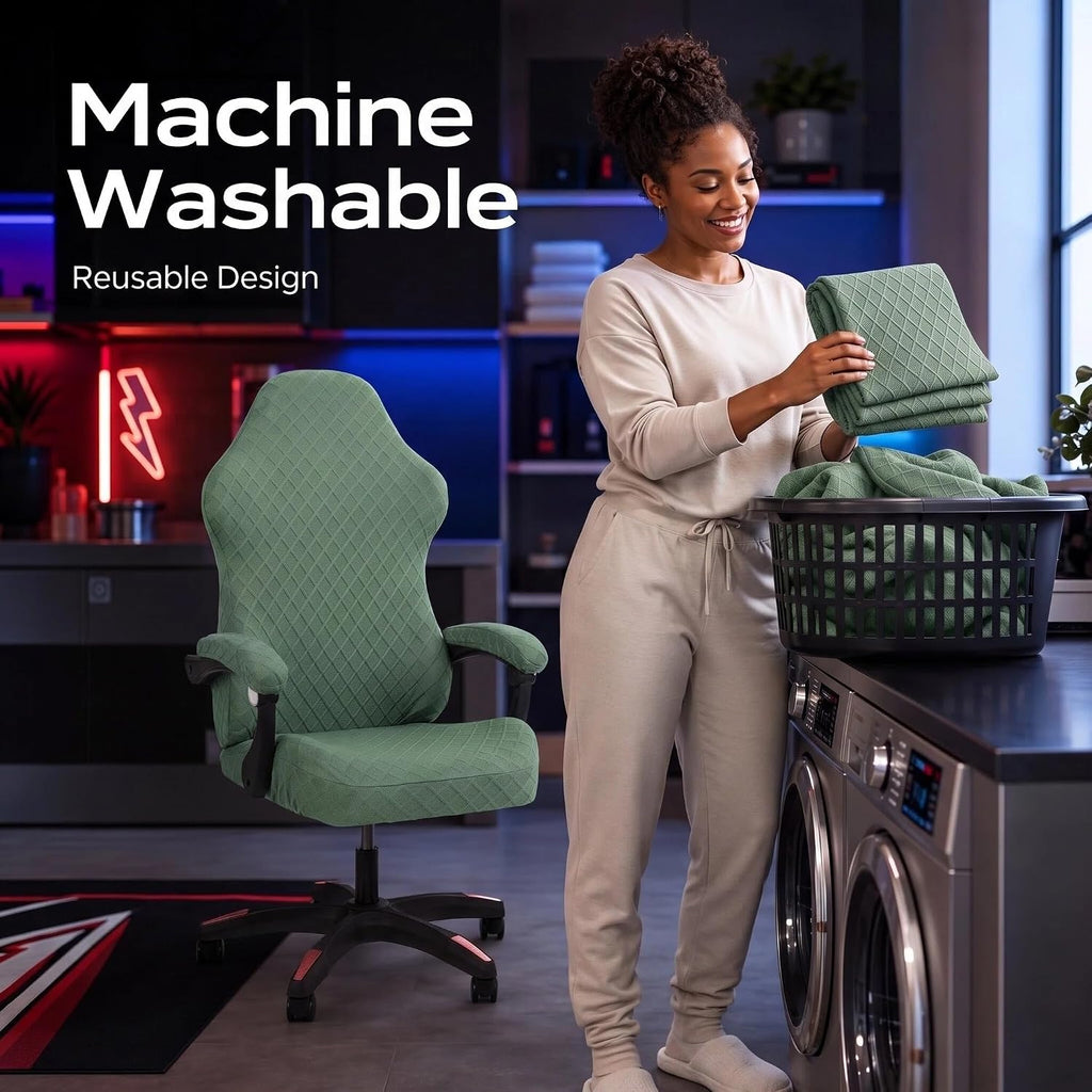 Gaming Chair Cover, 4-Piece Set Stretchy Jacquard Slipcover with Zipper & Straps for Reclining Racing Chair, Anti-Slip & Pet Scratch Resistant, Machine Washable, Sage Green - Image 7