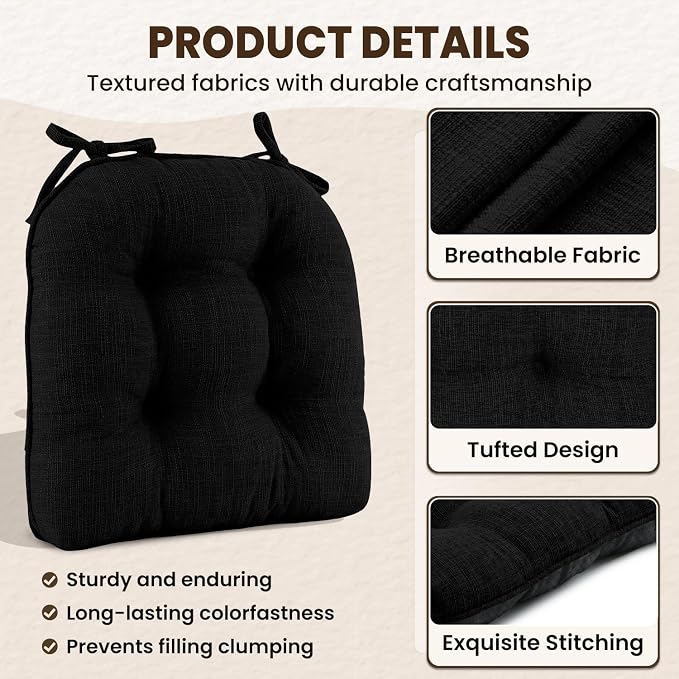 downluxe Indoor Chair Cushions for Dining Chairs, Tufted Overstuffed Textured Kitchen Chair Pads with Ties and Non-Slip Backing, 16.5" x 16.5" x 4", Black, 4 Pack - Image 5