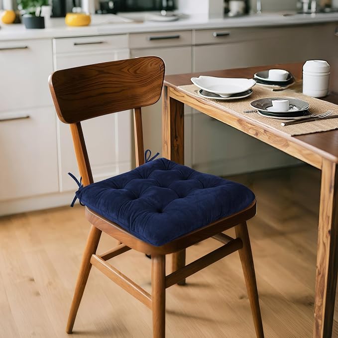 ELFJOY Set of 4 Square Chair Pads Indoor Seat Cushions Pillows with Ties Thick Soft Seat Cushion for Kitchen Dining Office Chair (18.8", Navy) - Image 3