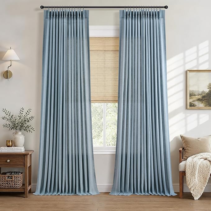 Hokibero Blue Pinch Pleated Linen Curtains 102 Inch Long for Living Room | Light Filtering Sheer Curtain,Pinch Pleat Back Tab Hooks Rings,Farmhouse Textured Privacy Drapes for Bedroom Window,2 Panels by Hokibero