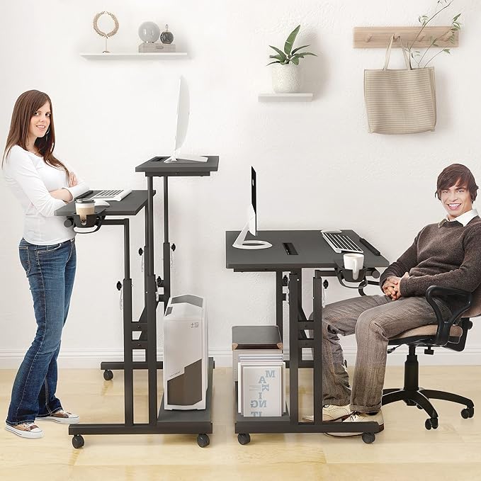 Mobile Standing Desk, Adjustable Rolling Computer Desk with 3 Desktops, Portable Laptop Table with Cup Holder, Home Office Laptop Workstation on Lockable Wheels, Black | Triple desktops, cup holder, lockable wheels, portable workstation, for home office - Image 4