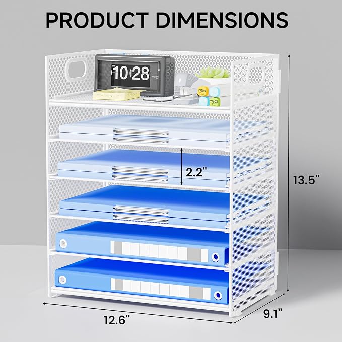 Paper Organizer for Desk with Handle, 6-Tier | Metal Mesh File Organizer, Stackable Letter Tray for Office Documents & Stationery Storage - Image 2