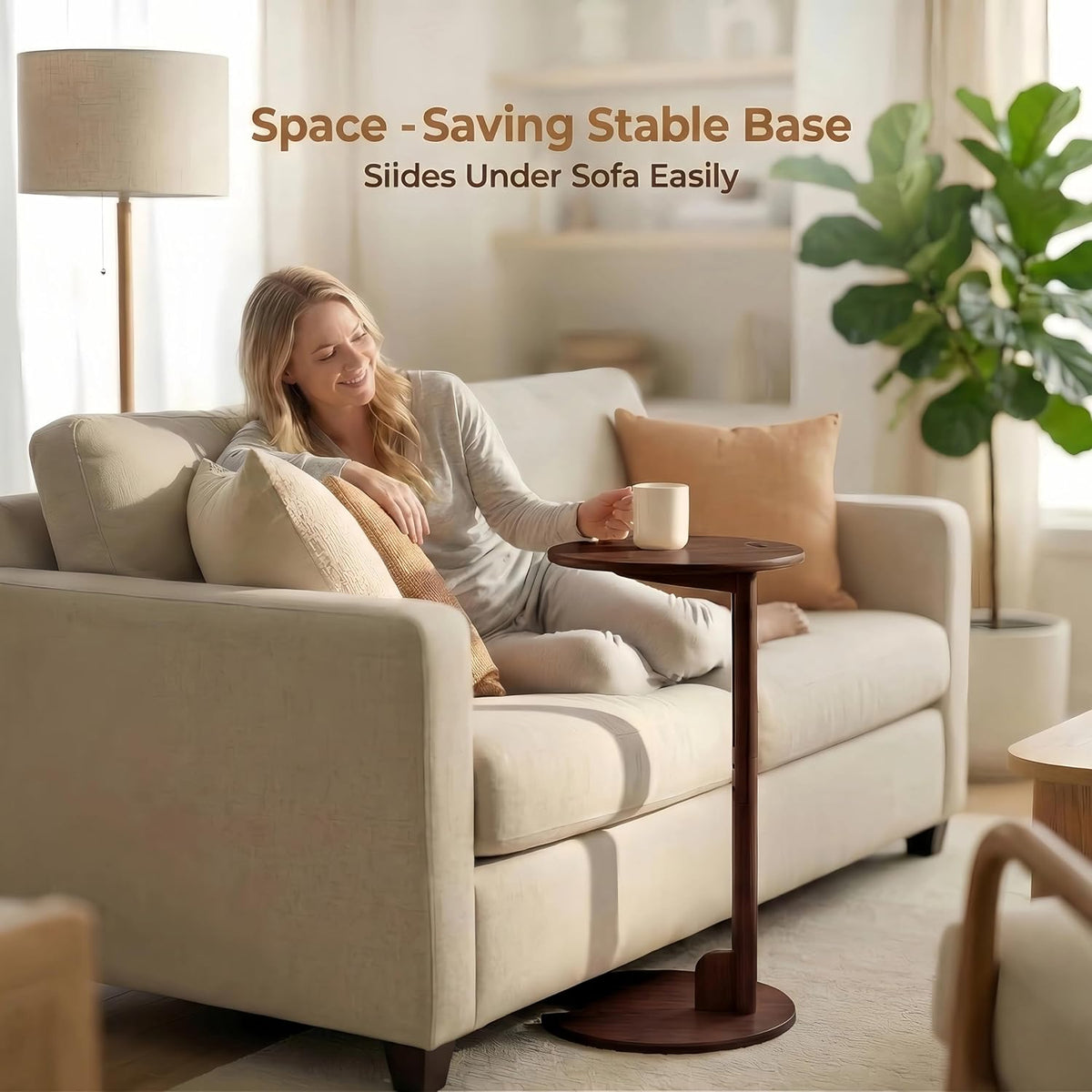 Bamboo C Shaped Table, Pedestal Table for Sofa, Chestnut - Image 4