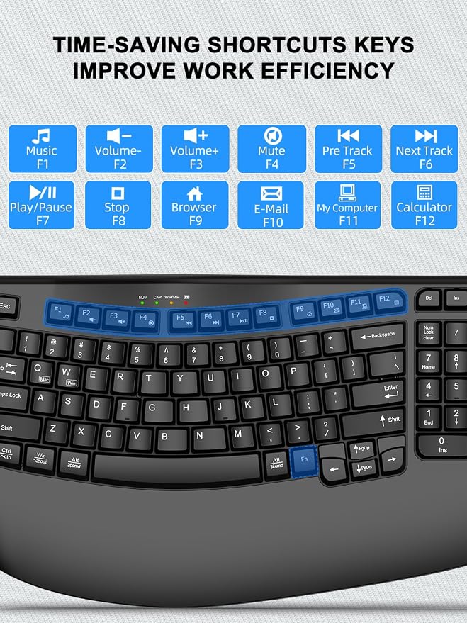 EDJO Wireless Ergonomic Keyboard with Wrist Rest, Wave Keys | Comfortable Natural Typing, Multimedia Hotkeys,2.4GHz,For Large Hands,Windows, Mac, Laptop, PC - Image 8