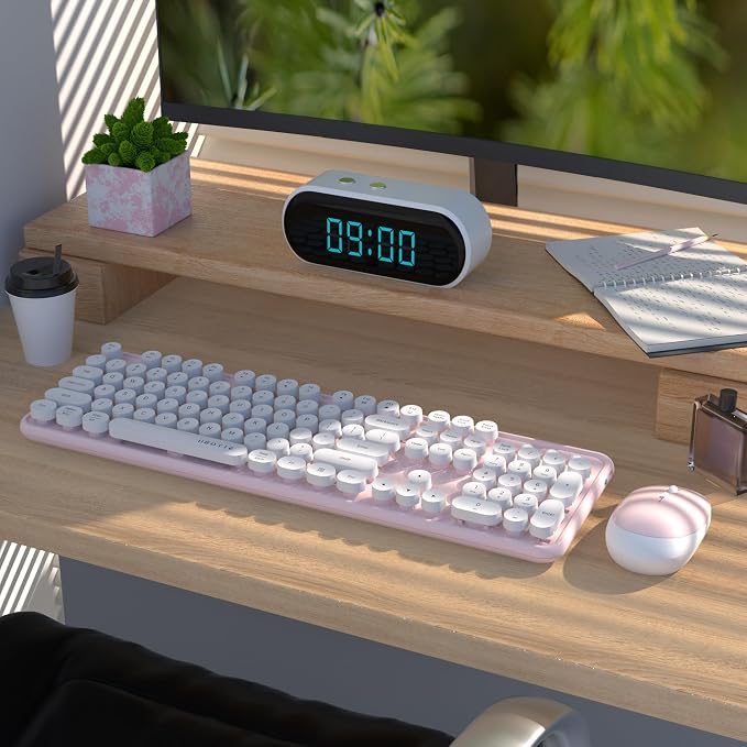 UBOTIE Colorful Wireless Keyboard and Mouse Combo (Pink-White) | Retro Typewriter Floating Full-Sized Keys Computer Keyboard with Optical Mouse, 2.4GHz USB Connection for Windows Mac - Image 2