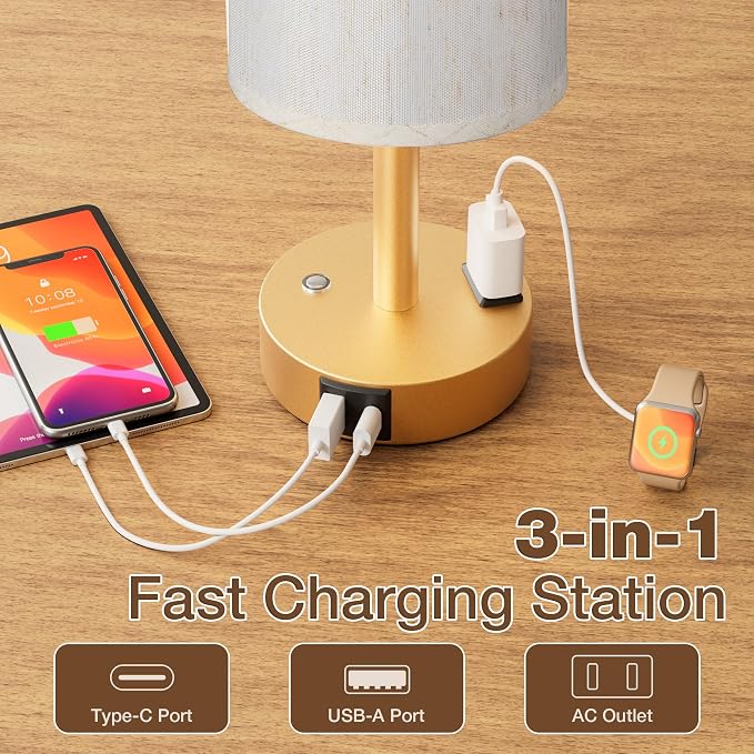 Gold Touch Bedside Lamp for Bedroom, Stepless Dimmable, USB A+C, AC Outlet | Base Touch Button Only, Memory Brightness, Ultra-dim Night Light, Included Bulb for Optimal Dimming, Cream Fabric Shade, Desk - Image 4