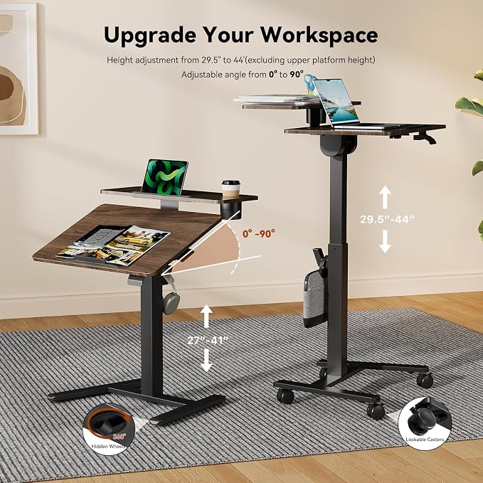 28" Mobile Standing Desk, Tiltable Top with 2-Tier Shelves, Walnut | Pneumatic Rolling Desk, Adjustable Height Computer Workstation, Sit Stand Portable Drafting Table & Laptop Cart on Wheels - Image 3
