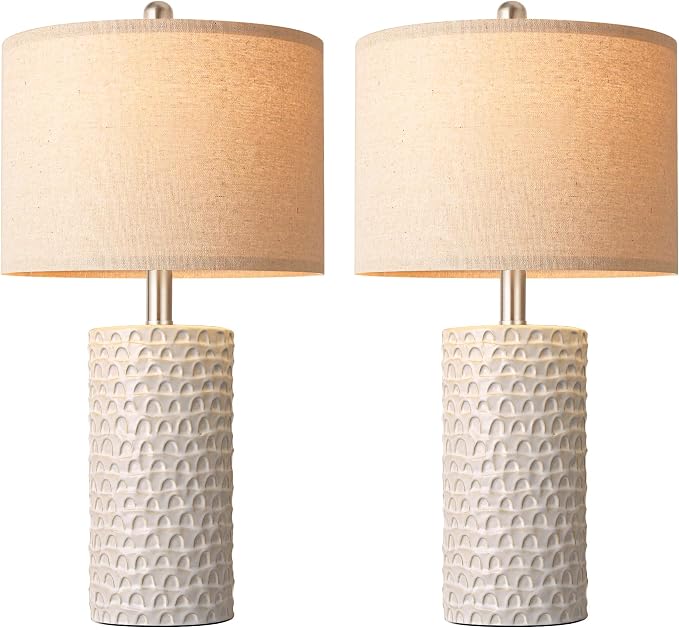 23" Modern Ceramic Table Lamp Set of 2, Table Lamps for Living Room, Rustic Farmhouse Bedside Lamps Nightstand lamp for Bedroom, White Desk Lamp for End Table Home Decor Beige - Image 9