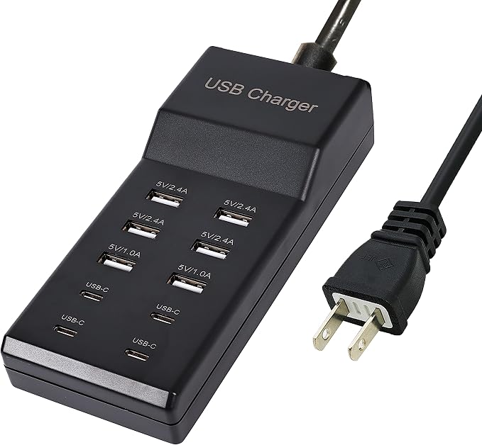 USB Charger,50W USB Charging Station with 10-Port (6 USB-A Port & 4 USB-C Port) Compatible with iPhone 15/14/13/12/11/X/8/7/6 Phones, Watch,Tablets, Smartphones Black by Wyssay