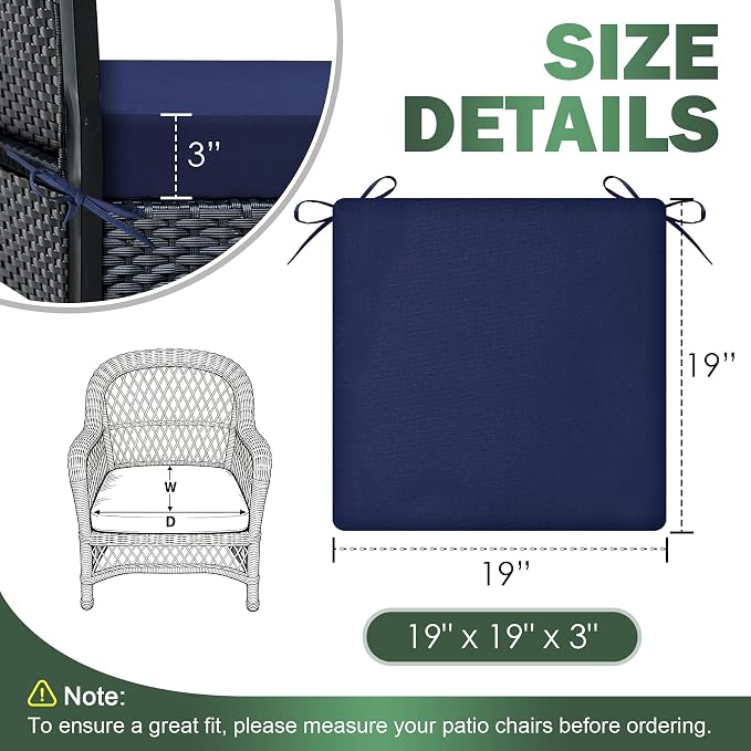 Outdoor Chair Cushions Set of 2, 19x19x3 Inch Waterproof & Fade Resistant Patio Furniture Seat Cushions with Ties, Square Outdoor Dining Chair Cushions for Lawn, Garden, Deck & Yard, Navy Blue - Image 3