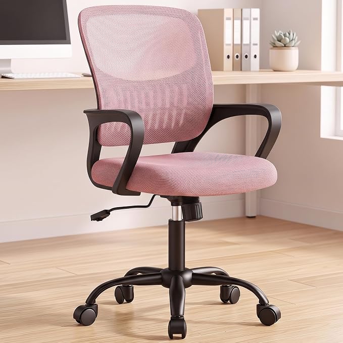OLIXIS Ergonomic Office Desk Chair, Mid-Back Executive Computer Chair | Fixed Armrest, Rocking Mode, Height Adjustable, 360° Rolling Swivel Adults, Student, Pink by OLIXIS