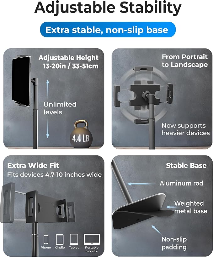 COOPER TabStand 20" Tall iPad Stand for Desk, Portable Monitor Stand Holder | 13-20" Adjustable, Holds 4.4lb, Weighted Metal Base, Desktop Tablet Stand, Tablet Mount, iPad Holder for Desk; fits Kindle - Image 4