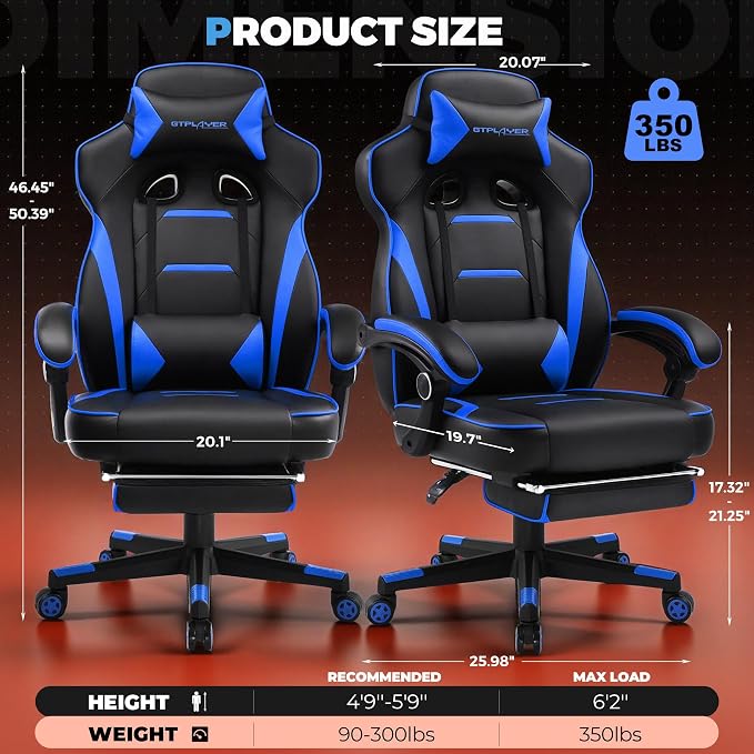 GTPLAYER Gaming Chair with Footrest, 350LBS Big and Tall Office Chair, Ergonomic High Back Lumbar Support and Recliner for Back Pain Relief, Blue - Image 3
