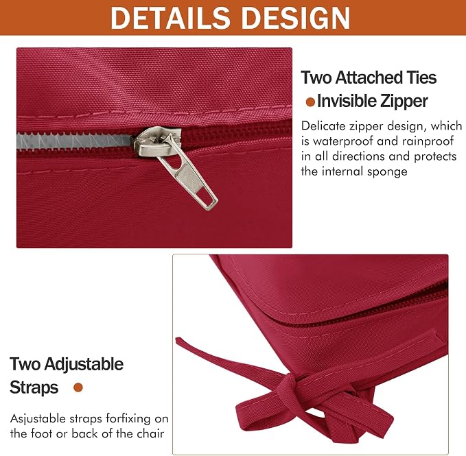 Outdoor Chair Cushions Set of 4, 19 x 19 x 3 Inch Seat Pads | Waterproof Patio Chair Cushions with Tie, Fade Resistant Cushions for Outdoor Furniture Garden Lawn, Burgundy - Image 5