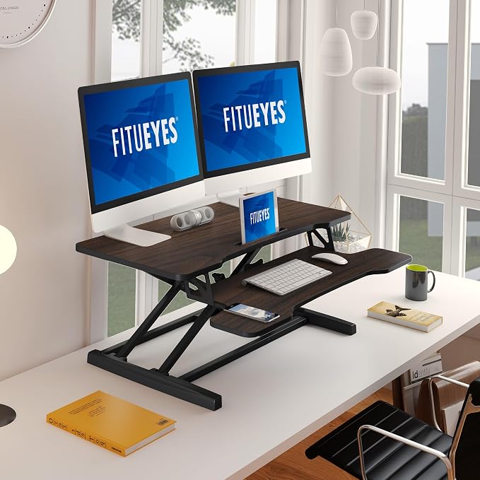 FITUEYES Height Adjustable Standing Desk 36” Wide Sit to Stand Converter Stand Up Desk Tabletop Workstation for Laptops Dual Monitor Riser Brown SD309102WE | Standing Desk Converter,Stand Up Desk Riser,for Laptop Dual Monitor Riser,Tabletop Workstation... - Image 6