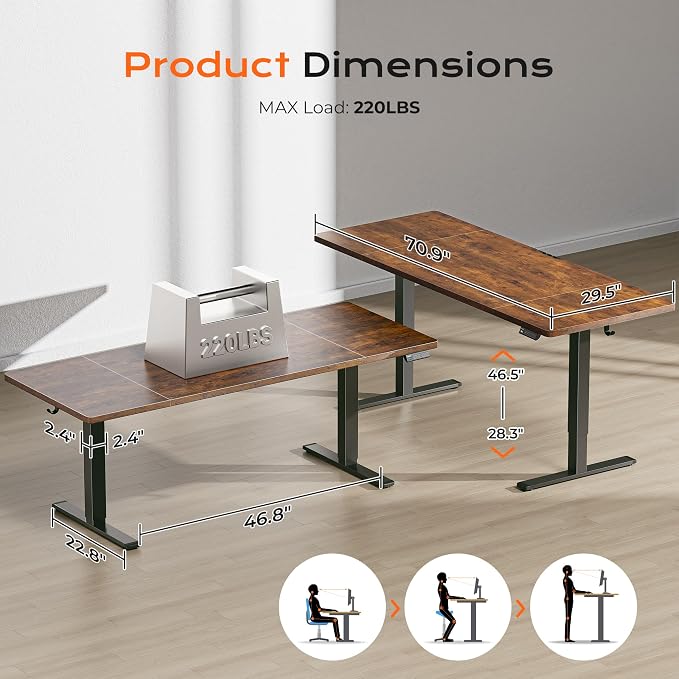 Huuger 71 x 30 Large Electric Standing Desk, Height Adjustable Computer Desk, 29.5" Deep Desktop, Stand up Gaming Office Table with 2 Hooks, 3 Preset Heights, for Home Office, Rustic Brown - Image 2