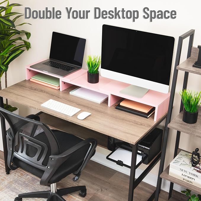 Mind Reader Dual Monitor Stand, Desktop Organizer, Laptop Riser, Office, MDF, 51.25"L x 9.25"W x 4.75"H, Pink - Image 4
