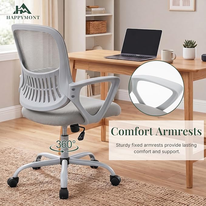 Home Office Desk Chair, Lumbar Support, Mesh Back Computer Chair | Height Adjustable, Mesh Mid-Back, Ergonomic Task Gaming Chair with 360° Swivel Wheels, Lumbar Support, Grey - Image 8