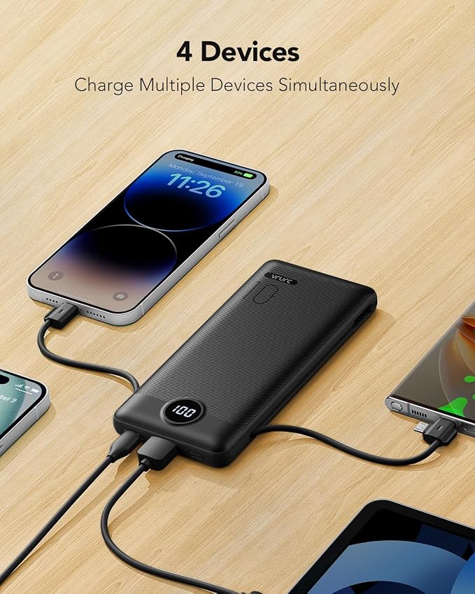 VRURC Portable Charger, Power Bank Built-in Cables and AC Wall Plug | USB C Portable Bank 10000mAh,Travel Essentials Phone Charger Compact External Battery Pack for Smart Phones,Tablets-Black - Image 5