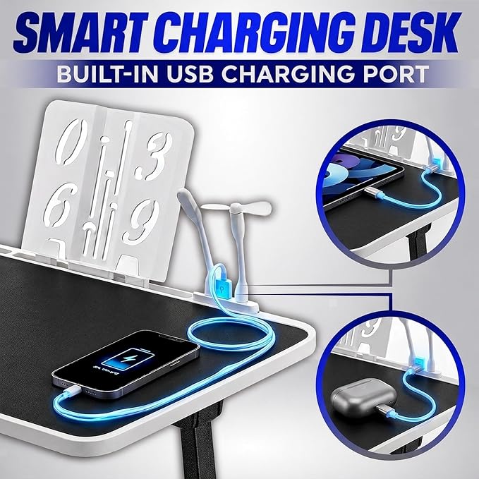 USB-C LED Light Foldable Lap Desk with LED Lamp, Cooling Fan & Book Stand — Portable Bed Laptop Table with Side Drawer, Phone & Tablet Holder, Fast Charging Port - Image 2