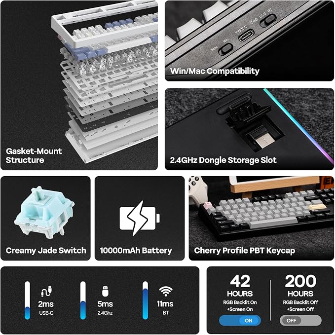 EPOMAKER TH108 PRO Full Size Mechanical Keyboard with Screen & Knob | Wireless Gaming Keyboard with 10000mAh, Creamy Gasket, Hot Swap, Custom Driver, RGB Backlight (Black, Creamy Jade) - Image 2