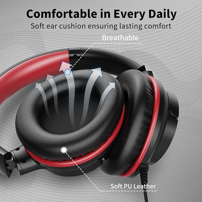 Botesty Sound Headphones Wired with Microphone, Over Ear Foldable 3.5mm Plug in Headphones Corded with 4.9ft Tangle-Free Nylon Cord for Tablet, Laptop, MP3/4, School, Airplane Travel (Black Red) - Image 6