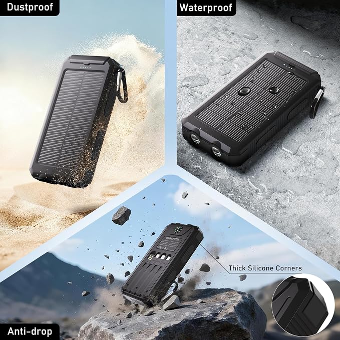 Solar Charger Power Bank 20,000mAh, Portable Charger, 4 Cables 3 Ports Fast Charging External Battery Pack with USB C for Cell Phones, Solar Panel Charger with Dual Flashlight for Camping Black - Image 8