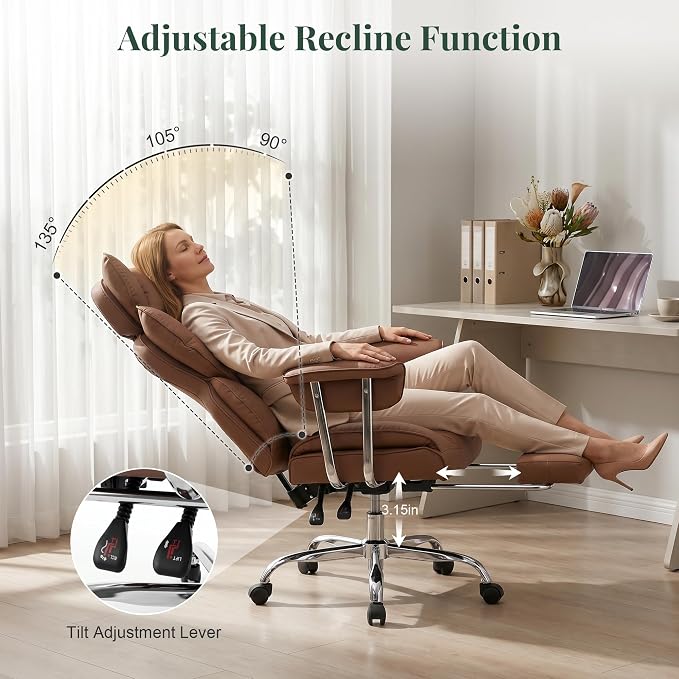 Big and Tall Office Chair 400 LBS, for Adults, Home Office | PU Leather, Executive Ergonomic Desk Chair with Footrest, Lumbar Support, Wide Seat ,Reclining, Brown - Image 6