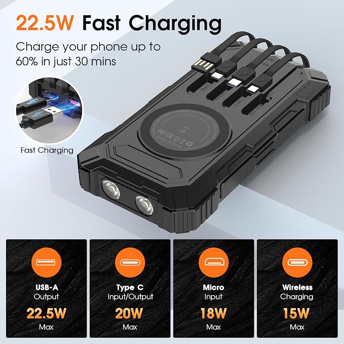 BLASOUL Solar Power Bank,49800mAh Wireless Portable Phone Charger with 4 Built-in Cables,22.5W Fast Charging USB-C in/Output External Battery Pack for iPhone,Android,Perfect for Hiking/Camping - Image 2