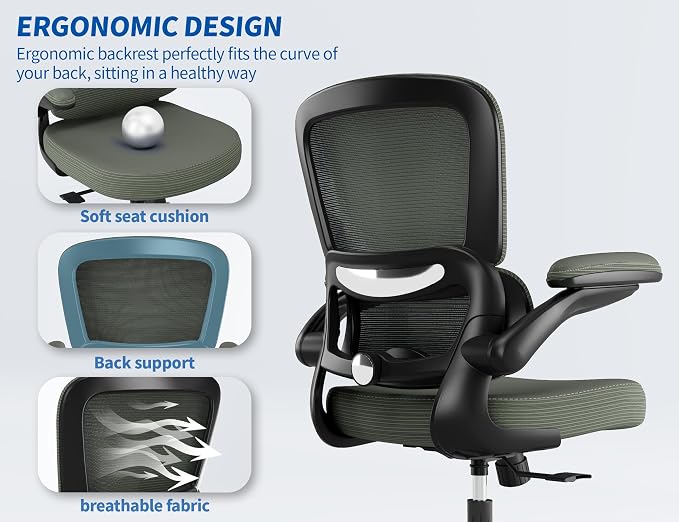 TRALT Ergonomic Office Chair Desk Chair with Adjustable Lumbar Support | Desk Chair Comfy with Flip-up Armrests Ergonomic Chair - Mesh Computer Chairs for Adults, 330lbs, PU Leather (Dark Green, 1) - Image 7