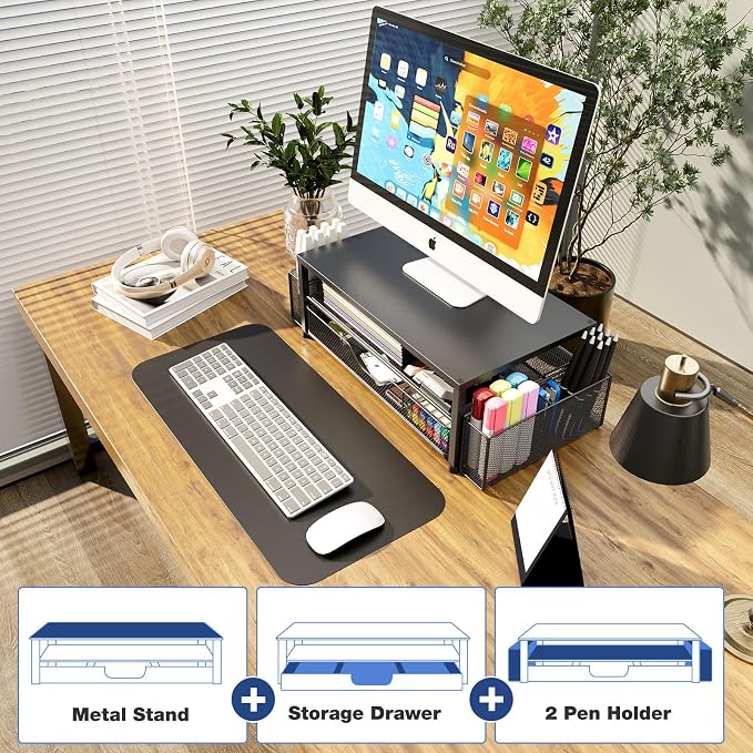 Desk Organizer and Accessories, 2-Tier Computer Monitor Stand Riser with Drawer and 2 Pen Holders, Laptop Stand, Office Desk Accessories for Office Supplies, 2 Pack, Black - Image 6
