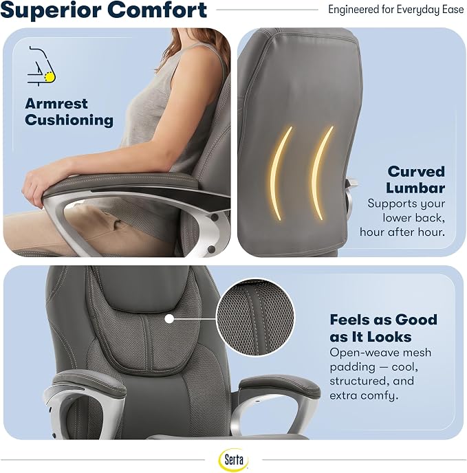 Serta Ergonomic Executive Office Chair, Padded Arms Mesh Back Leather Chair | Amplify, Contoured Lumbar Lower Back Support, Back Pain Relief, Adjustable Height & Tilt, Work From Home Desk Chair, Duo Gray - Image 6