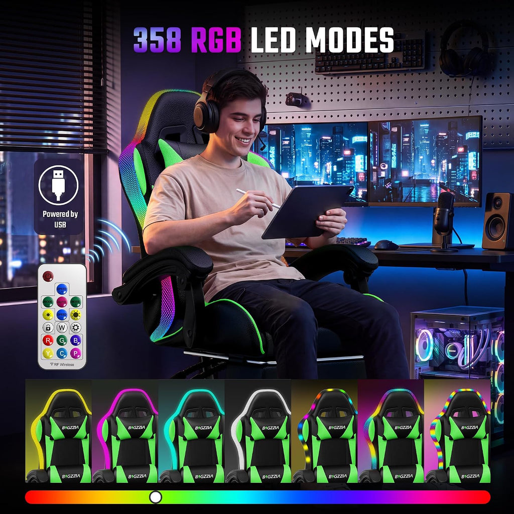 Bigzzia RGB Gaming Chair with Footrest, Lumbar Massage for Adult/Kid（Green） - Image 4