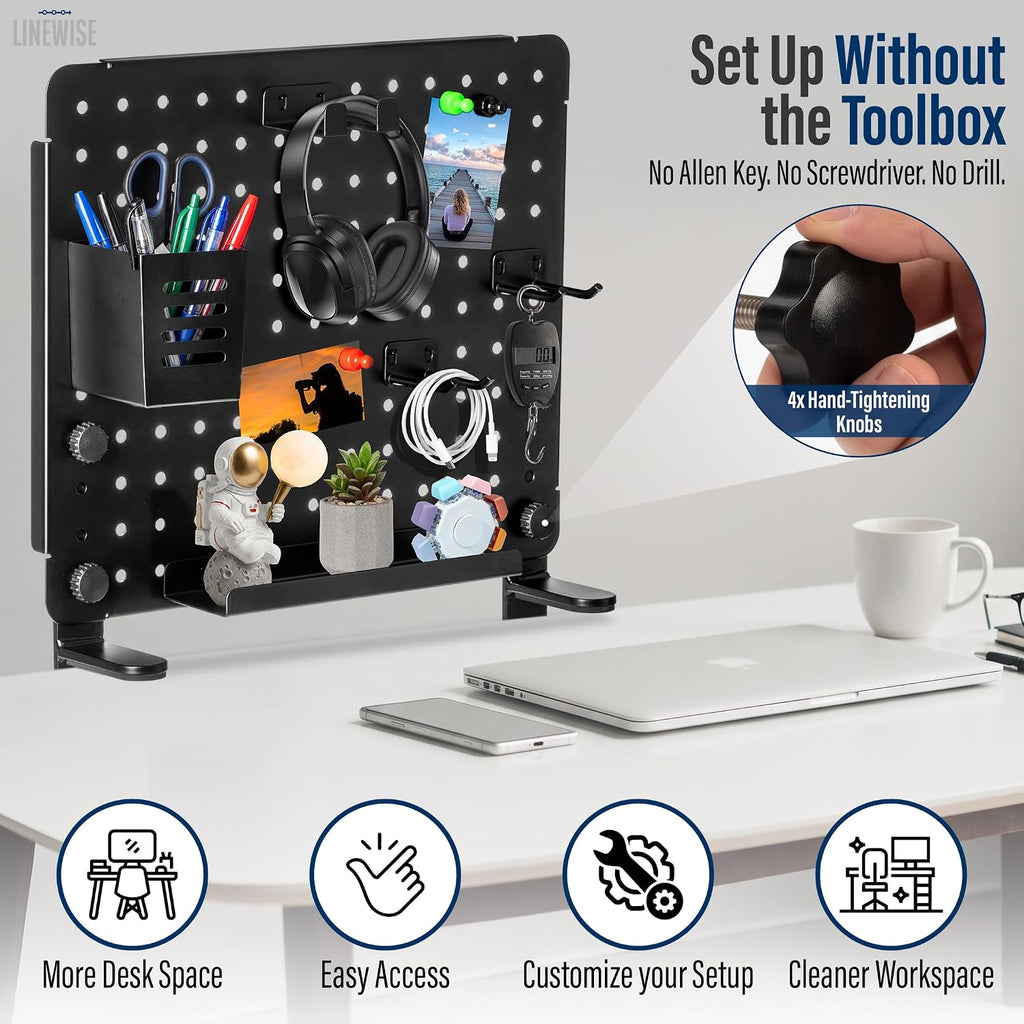 Clamp On Desk Pegboard, Desk Organizer, Tool-Free, Black Steel LINEWISE - Image 2