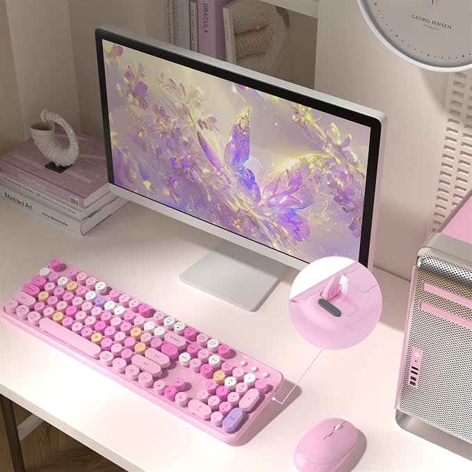 Colorful MPTOG Wireless Computer Keyboard and Mouse Combo (Pink-Colorful) | Retro Round Typewriter Keycaps, Power Switch, Ergonomic Design, 2.4GHz Wireless for Windows, Mac, PC - Image 3