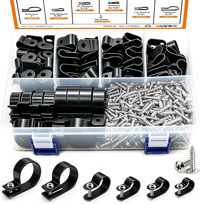 mankk 306PCS Cable Clips Assortment Kit Nylon R-Type Wire Mount Clamps | 6 sizes: 3/16,1/4,3/8,1/2,3/4,1 inch, Nylon Plastic cable clamps with screws for cable management by mankk