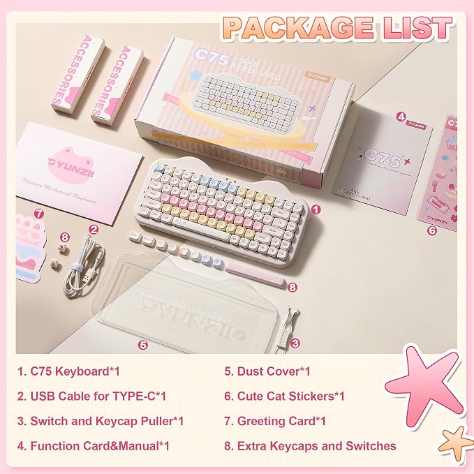 YUNZII C75 Cute 75% Wireless Mechanical Keyboard (Beige, Candy Switch) | Creamy Cake Keyboard, BT5.0/2.4G/USB-C, Hot-Swap, NKRO, PBT MOA Keycaps,5500mAh RGB Gasket Mount for Mac/Win/Gaming/Office - Image 9