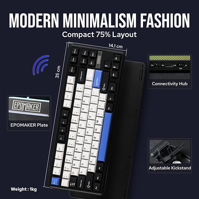 EPOMAKER TH85 QMK/VIA Wireless Gaming Keyboard, BT5.0/2.4GHz/USB-C | Hot-Swap Pre-lubed Custom Creamy Jade Linear Switches, Gasket Creamy Keyboard for PC/Mac/Office/Gaming (Black&White&Blue) - Image 7