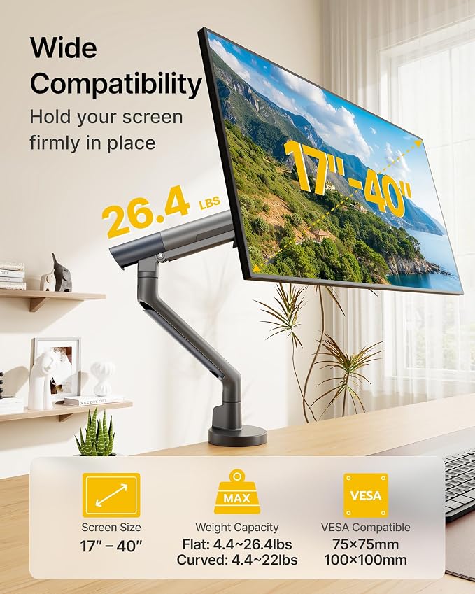 monTEK Aluminum Monitor Arm for 17-40" Screens, 26.4 lbs, Gray | Mechanical spring, tension indicator, full motion, VESA 75/100 compatibility, clamp/grommet bases and cable routing - Image 2
