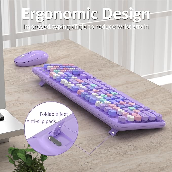 Links9+ Colorful Wireless Keyboard and Mouse Combo (Purple Colorful) | Full-Size Retro Typewriter Style Keyboard with Vintage Round Keycaps, 2.4G Wireless Set for Windows, Mac, Laptop, PC, Tablet - Image 3