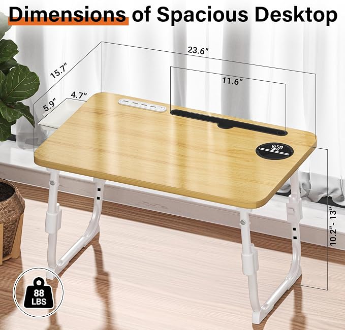 Lap Desk for Bed Adjustable Height with USB Port 23.6" x15.7" Desktop | Storage Drawer, Bookshelf, Fits 17" Laptop, For couch WFH Study, Foldable Non-Slip No Assembly Sturdy Lightweight Wood - Image 4