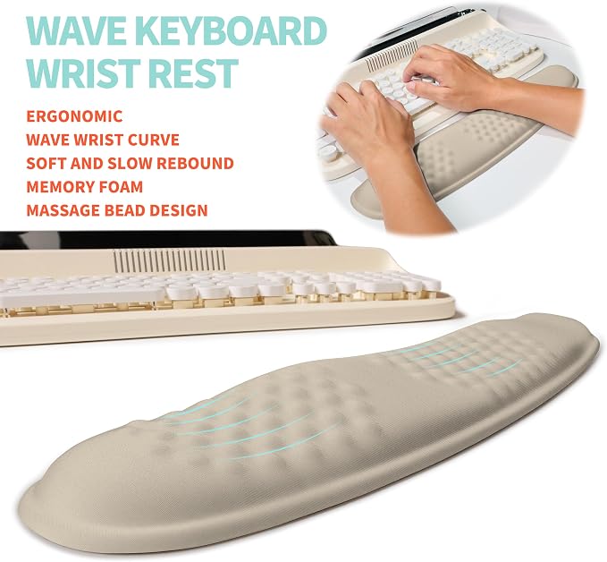 2-in-1 Ergonomic Set, Wave Rise Keyboard Wrist Rest and Massage Bulge Slope Mouse Pad Wrist Support, Cushion Memory Foam Integrated to Relieve Wrist Pain, Apricot - Image 2