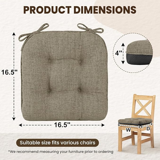 downluxe Indoor Chair Cushions for Dining Chairs, Tufted Overstuffed Textured Kitchen Chair Pads with Ties and Non-Slip Backing, 16.5" x 16.5" x 4", Khaki, 4 Pack - Image 2