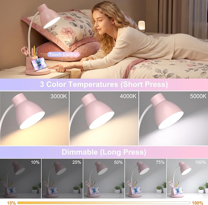 10W Wireless Charging LED Desk Lamp with Pen Holder, CRI 95, Pink | 800LM, 3 Modes, 360°Flexible Arm, Touch, Brightness, Table Lamp for Home Office, Dorm, Bedside, Study, Reading, with Adapter - Image 3