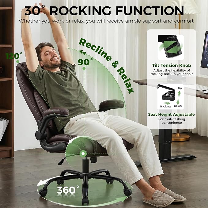Office Chair, Ergonomic Executive Desk Chair with Lumbar Support for Lower Back Pain Relief, Padded Flip-Up Armrests, Leather Home Office Chair, Coffee - Image 5