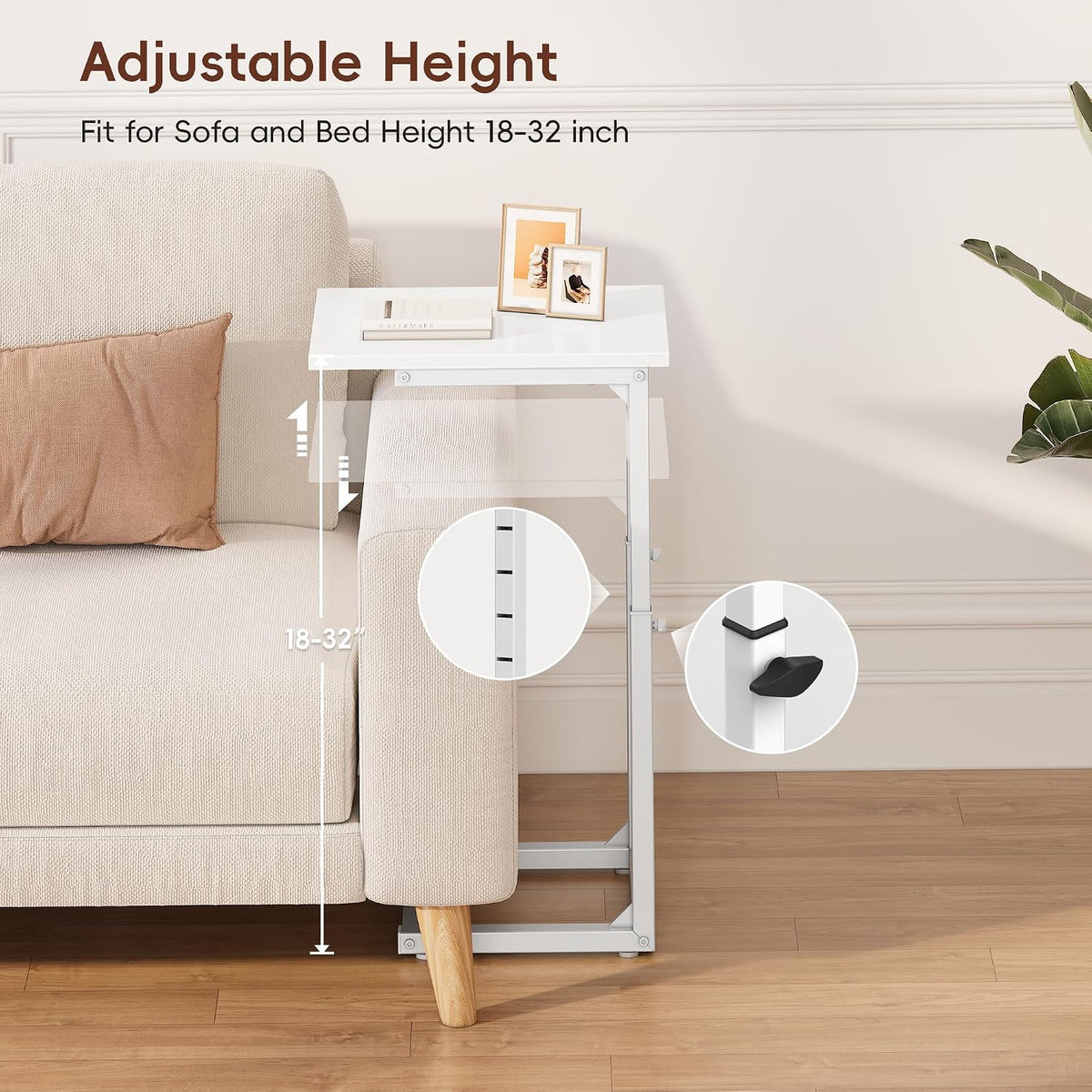 C Shaped End Table, 33"C Table End Table Adjustable Height, Small Side Table for Couch, Tv Tray Table for Small Spaces, Couch Table That Slide Under, Sofa Table for Living Room,Bedroom, White - Image 4